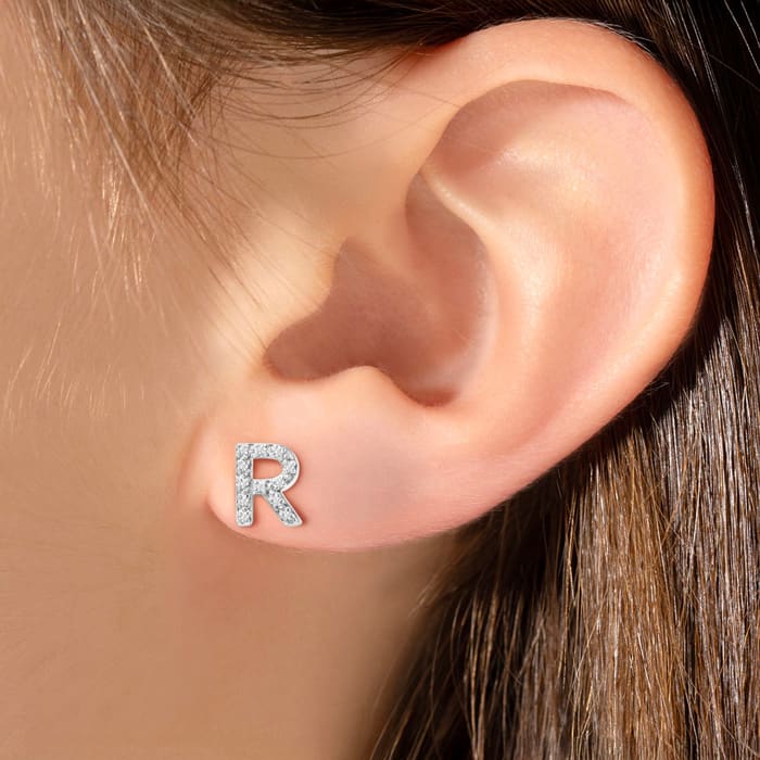Sterling Silver Letter R Initial Earrings With Diamonds – Personalized Initial Jewelry
