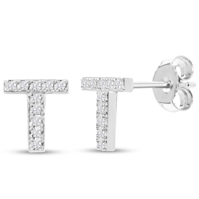 Sterling Silver Letter T Initial Earrings With Diamonds – Personalized Initial Jewelry