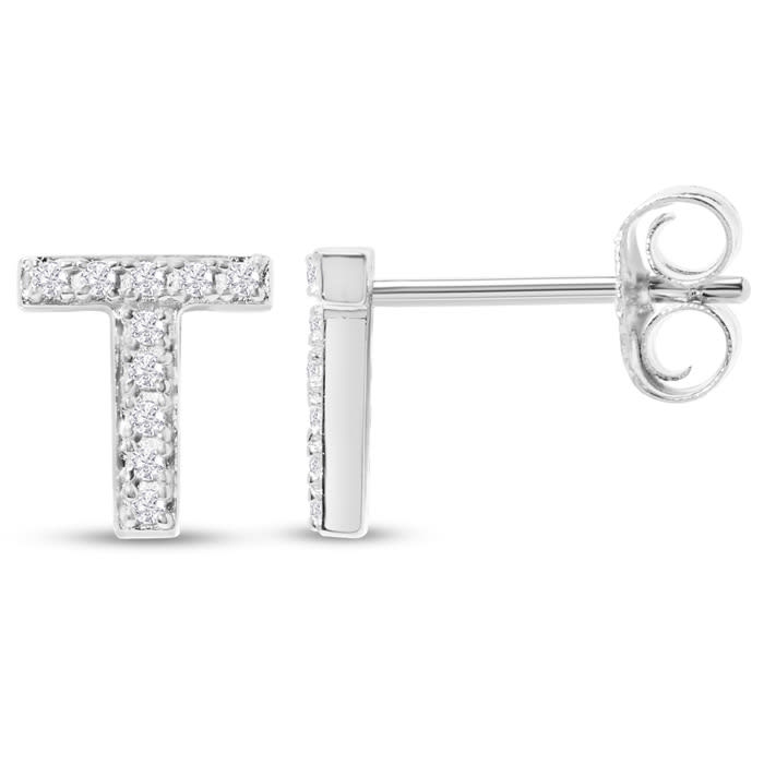 Sterling Silver Letter T Initial Earrings With Diamonds – Personalized Initial Jewelry