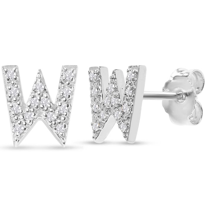 Sterling Silver Letter W Initial Earrings With Diamonds – Personalized Initial Jewelry