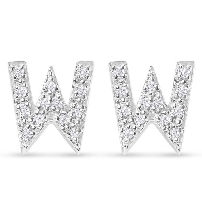 Sterling Silver Letter W Initial Earrings With Diamonds – Personalized Initial Jewelry