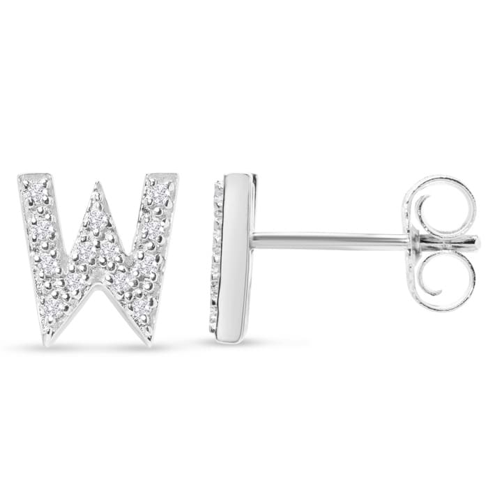 Sterling Silver Letter W Initial Earrings With Diamonds – Personalized Initial Jewelry