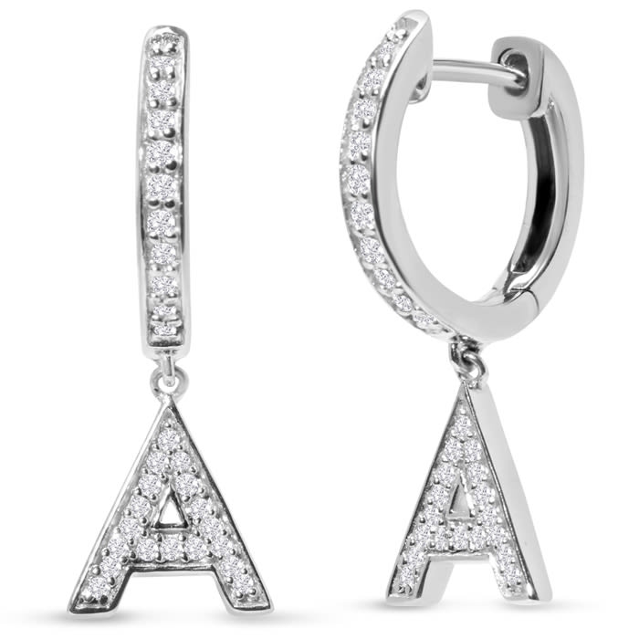 Sterling Silver Letter A Initial Earrings, Diamond Drop Earrings – Personalized Initial Jewelry