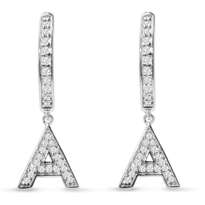 Sterling Silver Letter A Initial Earrings, Diamond Drop Earrings – Personalized Initial Jewelry