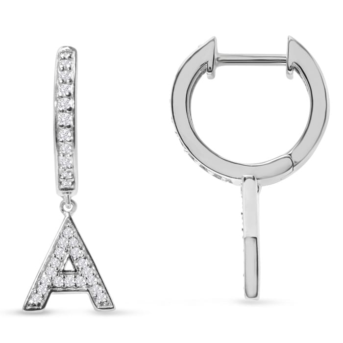Sterling Silver Letter A Initial Earrings, Diamond Drop Earrings – Personalized Initial Jewelry