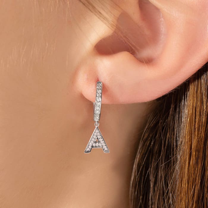 Sterling Silver Letter A Initial Earrings, Diamond Drop Earrings – Personalized Initial Jewelry