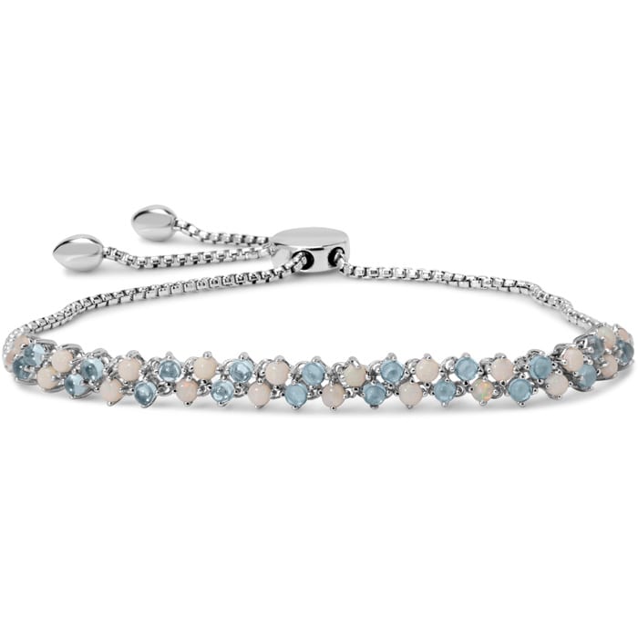 2.70 Carat Blue Topaz and Opal Cluster Bolo Bracelet In Sterling Silver, Adjustable 6-9 Inches