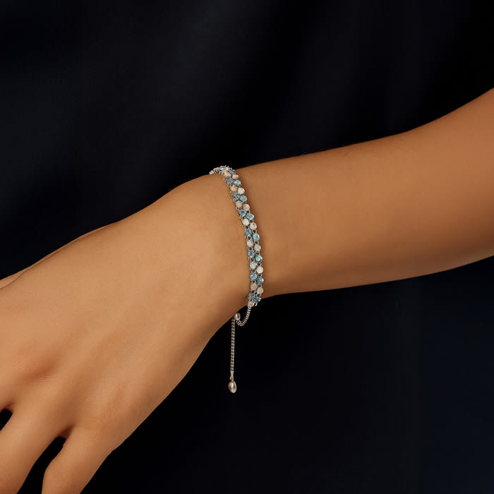 2.70 Carat Blue Topaz and Opal Cluster Bolo Bracelet In Sterling Silver, Adjustable 6-9 Inches