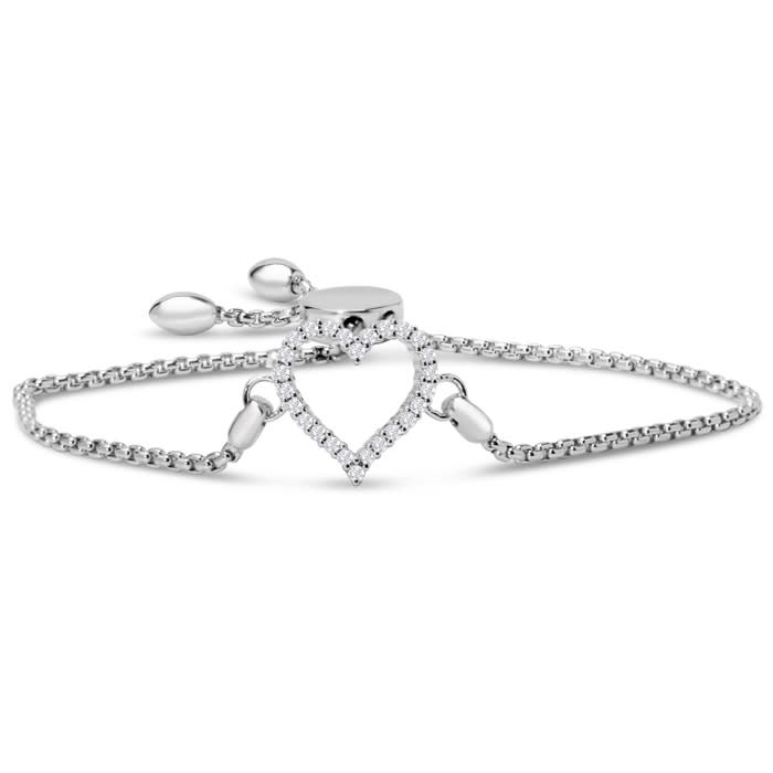 1/4 Carat Diamond Heart Bracelet In Sterling Silver, Adjustable 6-9 Inches
