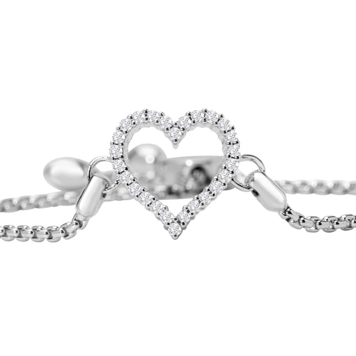 1/4 Carat Diamond Heart Bracelet In Sterling Silver, Adjustable 6-9 Inches
