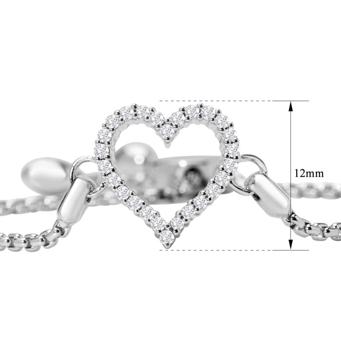 1/4 Carat Diamond Heart Bracelet In Sterling Silver, Adjustable 6-9 Inches