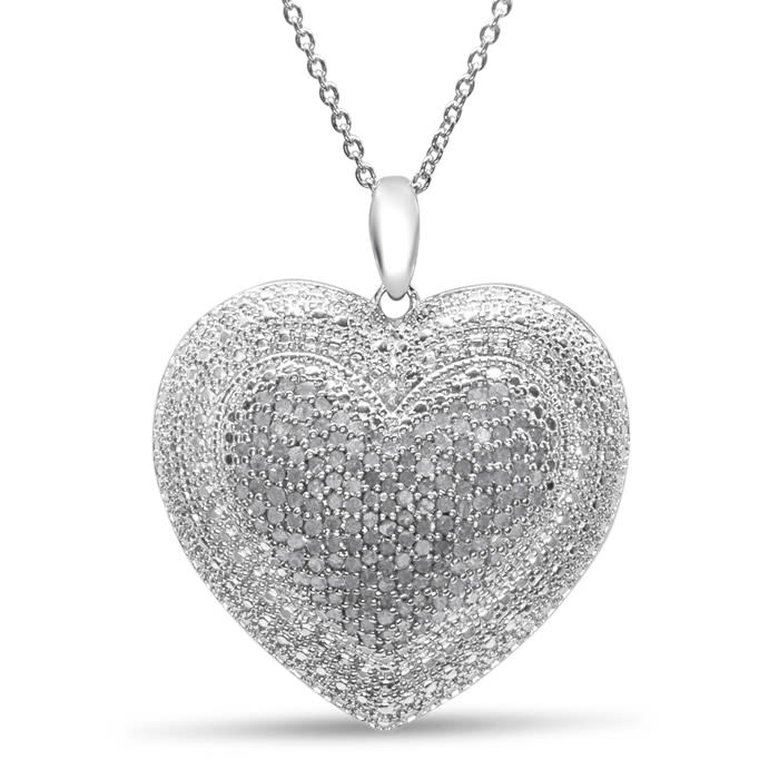 Huge 2 Carat Diamond Heart Necklace In Sterling Silver, 18 Inches