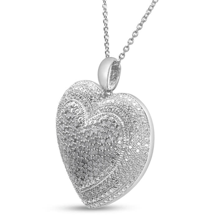 Huge 2 Carat Diamond Heart Necklace In Sterling Silver, 18 Inches