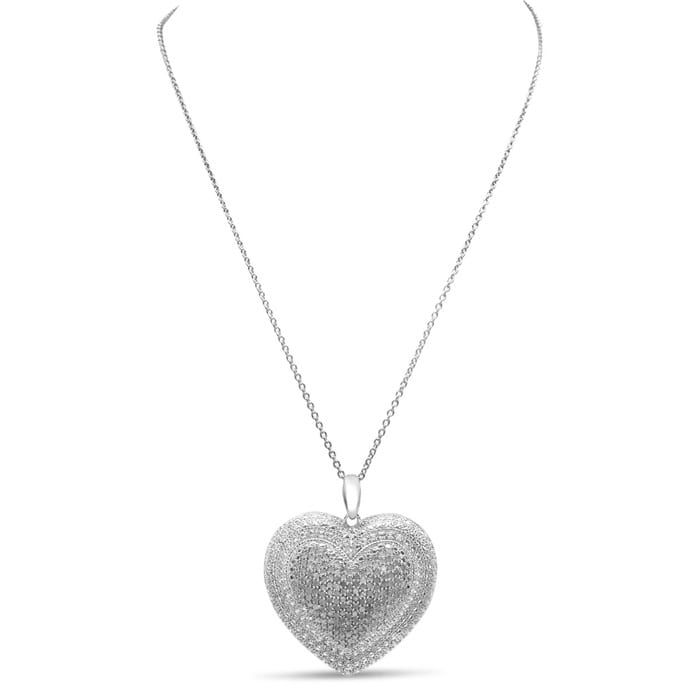 Huge 2 Carat Diamond Heart Necklace In Sterling Silver, 18 Inches