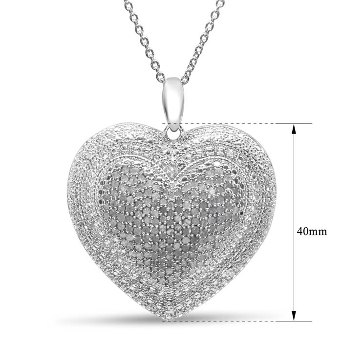 Huge 2 Carat Diamond Heart Necklace In Sterling Silver, 18 Inches
