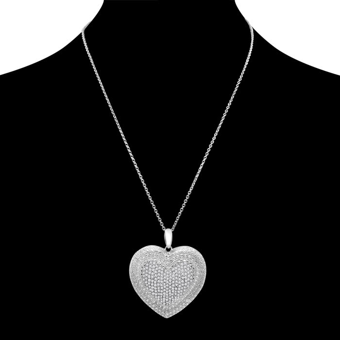 Huge 2 Carat Diamond Heart Necklace In Sterling Silver, 18 Inches