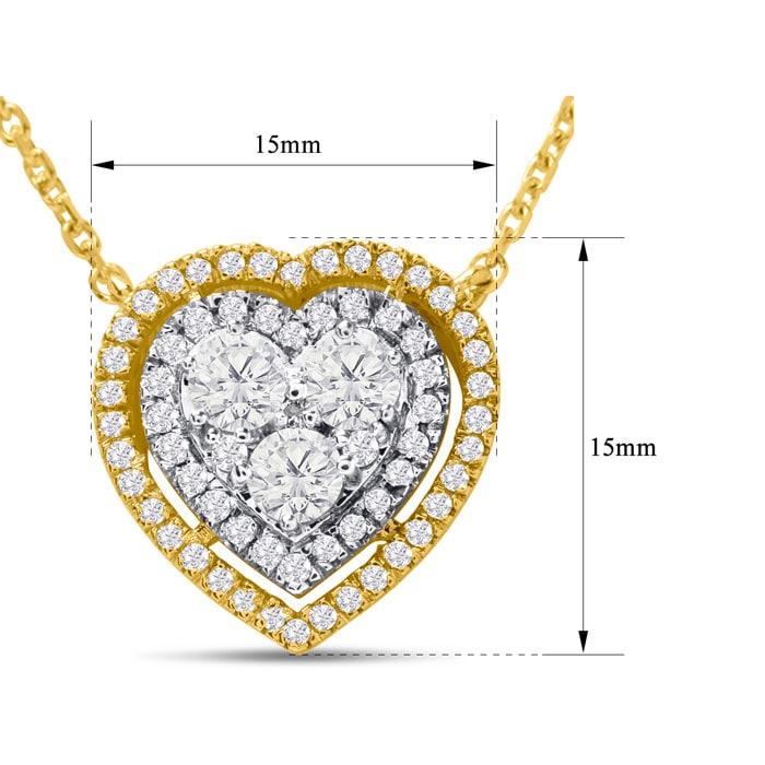 1 Carat Lab Grown Diamond Heart Double Halo Necklace In 14 Karat Yellow Gold, 18 Inches