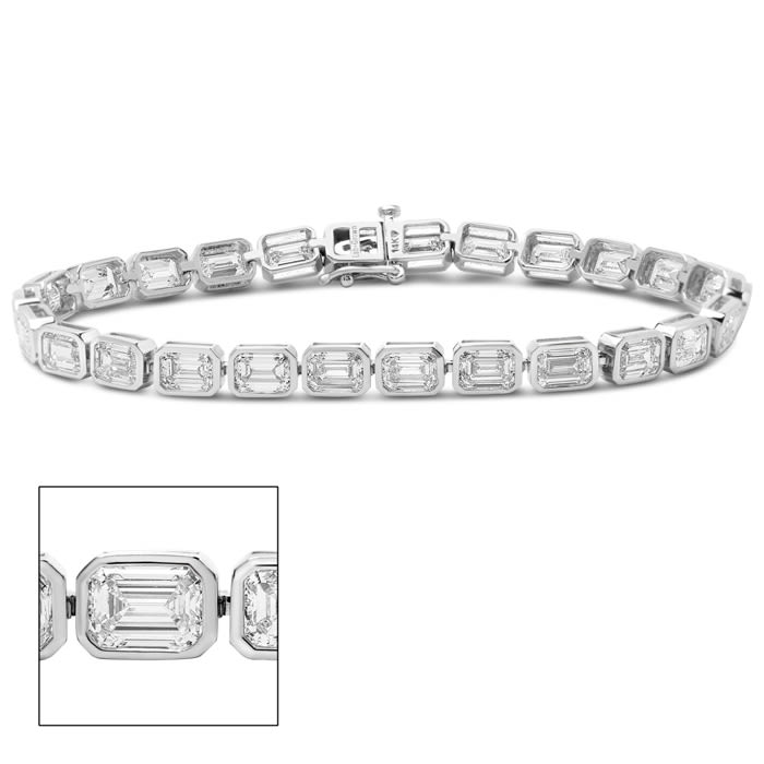 14 Carat Emerald Cut Bezel Set Lab Grown Diamond Tennis Bracelet In 14K White Gold, 7 Inches
