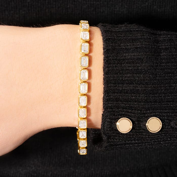14 Carat Emerald Cut Bezel Set Lab Grown Diamond Tennis Bracelet In 14K Yellow Gold, 7 Inches