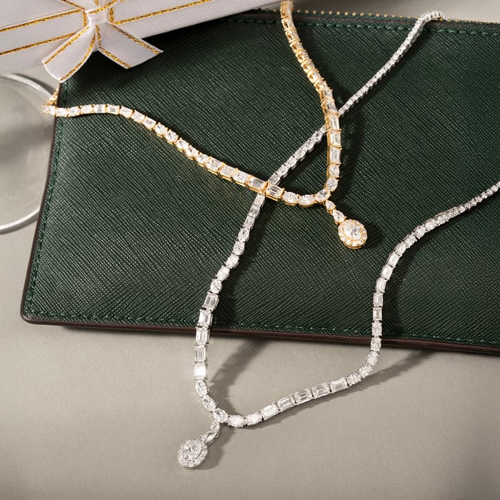 12 Carat Fancy Shape Lab Grown Diamond Tennis Necklace With Drop In 14K Yellow Gold, 16 Inches