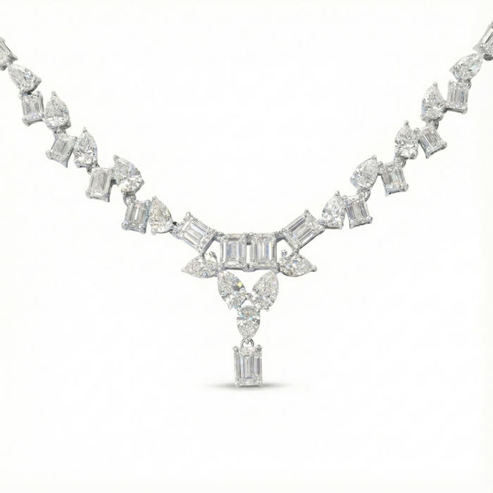 15 Carat Fancy Shape Lab Grown Diamond Tennis Necklace With Drop In 14K White Gold, 16 Inches
