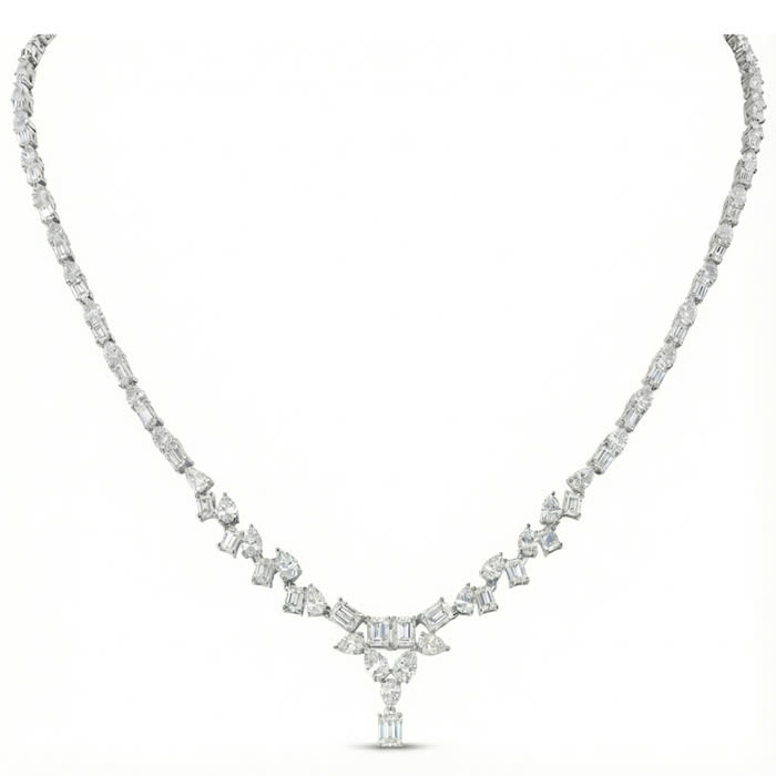 15 Carat Fancy Shape Lab Grown Diamond Tennis Necklace With Drop In 14K White Gold, 16 Inches
