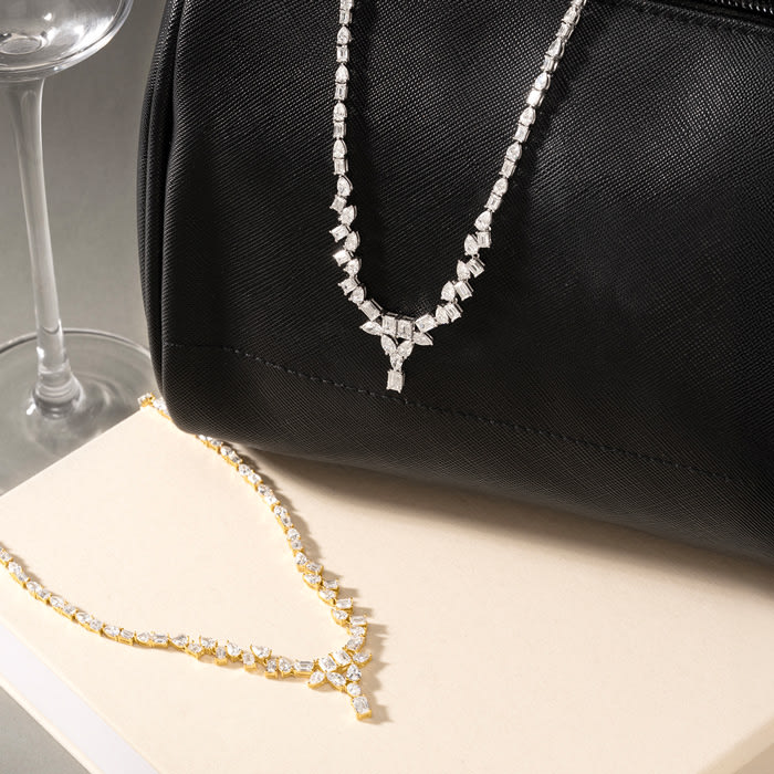 15 Carat Fancy Shape Lab Grown Diamond Tennis Necklace With Drop In 14K White Gold, 16 Inches