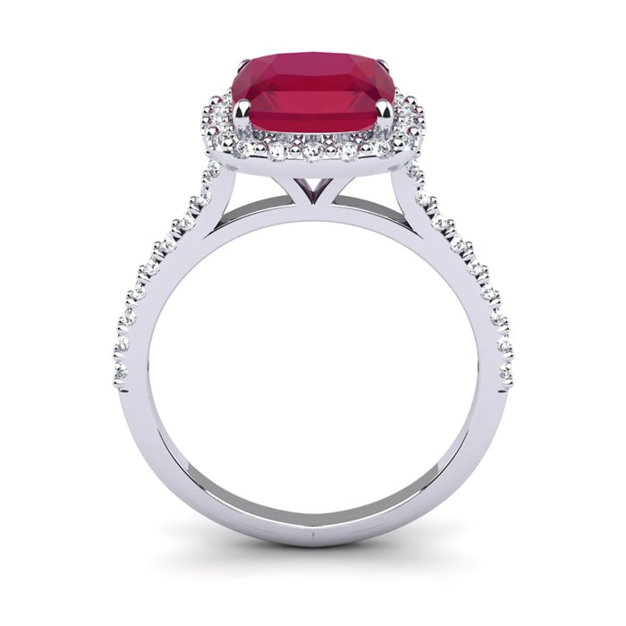 3 1/2 Carat Cushion Cut Ruby and Halo Diamond Ring In 14K White Gold