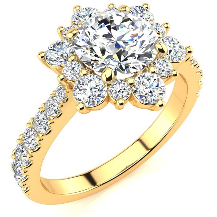 Moissanite Engagement Ring; 1 Carat Round Shape Flower Halo Moissanite Engagement Ring In 14K Yellow Gold