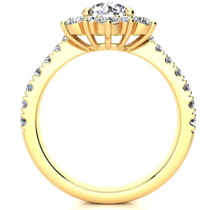 Moissanite Engagement Ring; 1 Carat Round Shape Flower Halo Moissanite Engagement Ring In 14K Yellow Gold