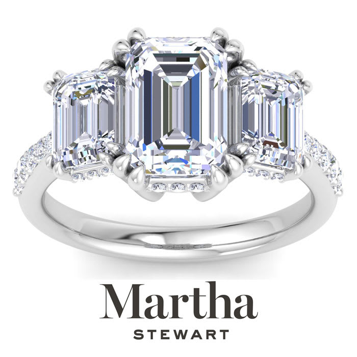 Martha Stewart 5 1/2 Carat Emerald Cut Lab Grown Diamond Three Stone Plus Engagement Ring In Sterling Silver