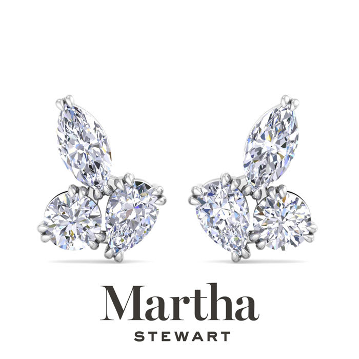 Martha Stewart 3 Carat Lab Grown Diamond Cluster Stud Earrings In Sterling Silver, Marquise-Round-Pear