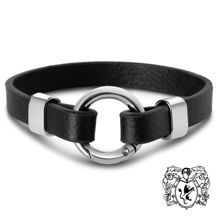 Bruno Magli Mens Black Leather Bracelet, Silver