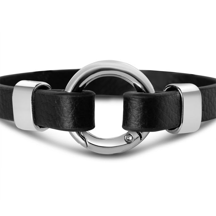 Bruno Magli Mens Black Leather Bracelet, Silver
