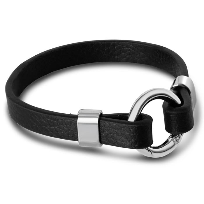 Bruno Magli Mens Black Leather Bracelet, Silver