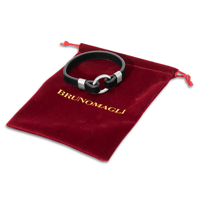 Bruno Magli Mens Black Leather Bracelet, Silver