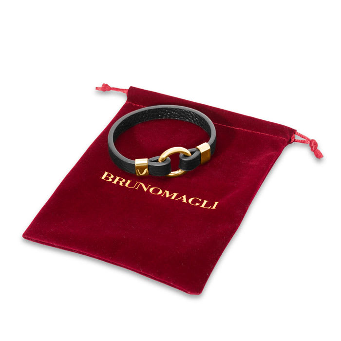 Bruno Magli Mens Black Leather Bracelet, Gold