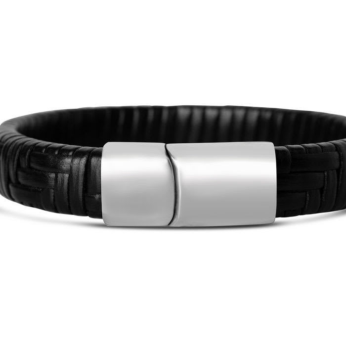 Bruno Magli Mens Classic Black Leather Bracelet, Silver