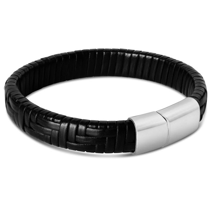 Bruno Magli Mens Classic Black Leather Bracelet, Silver