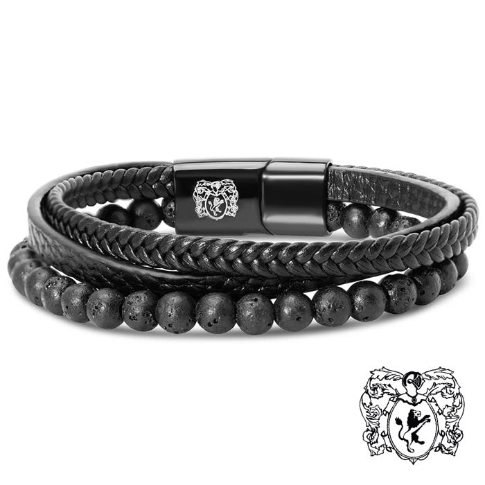 Bruno Magli Mens Leather Bracelet With Lava Beads, Black