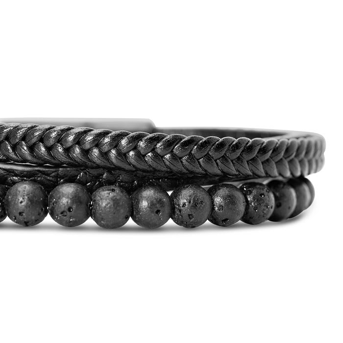 Bruno Magli Mens Leather Bracelet With Lava Beads, Black