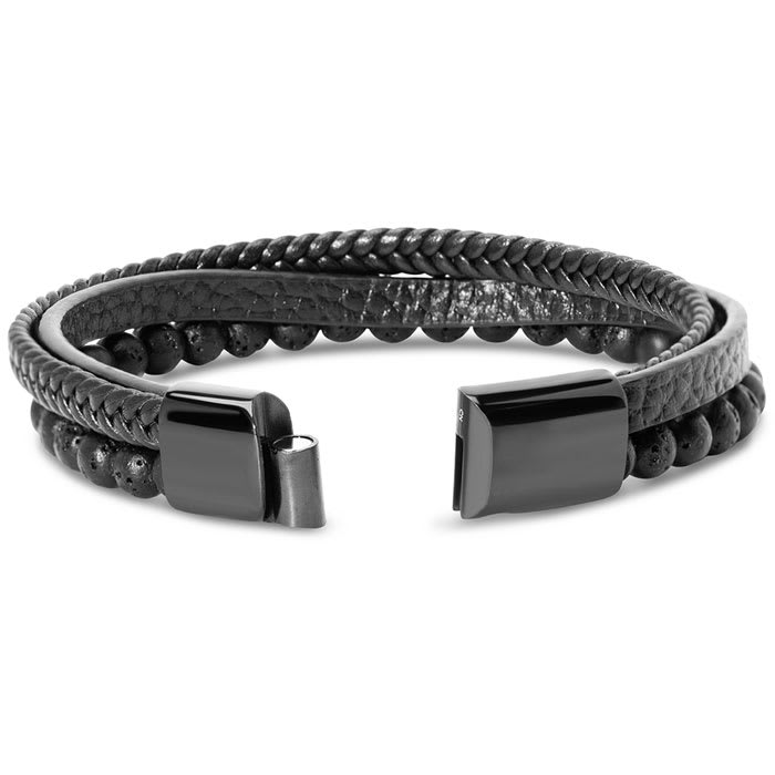 Bruno Magli Mens Leather Bracelet With Lava Beads, Black