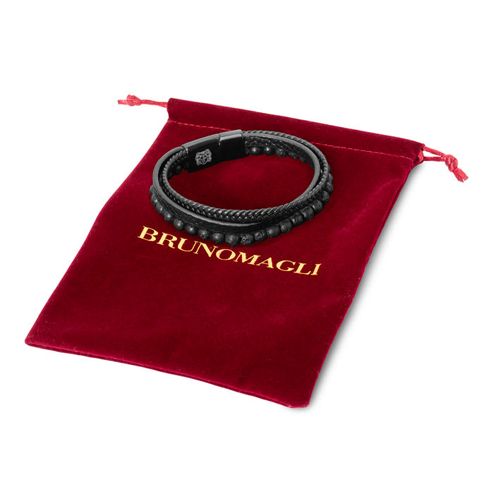 Bruno Magli Mens Leather Bracelet With Lava Beads, Black