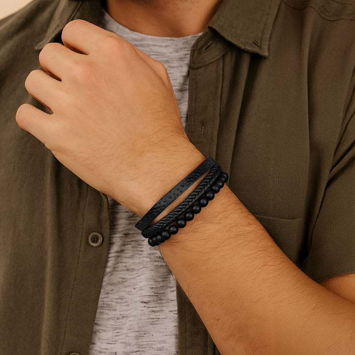 Bruno Magli Mens Leather Bracelet With Lava Beads, Black