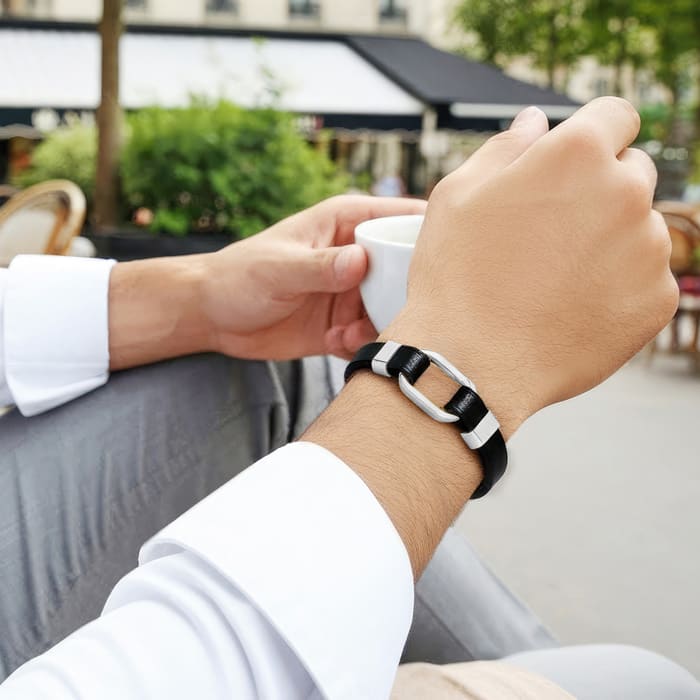 Bruno Magli Mens Structured Leather Bracelet, Silver