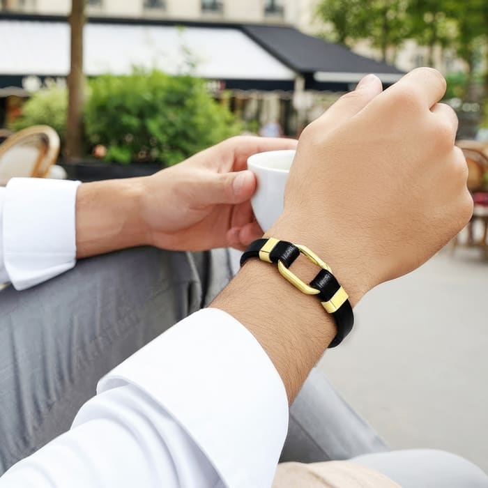 Bruno Magli Mens Structured Leather Bracelet, Gold