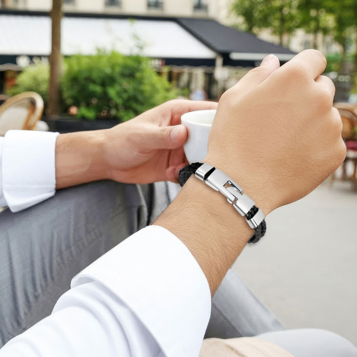 Bruno Magli Mens Three Strand Braided Leather Bracelet, Black