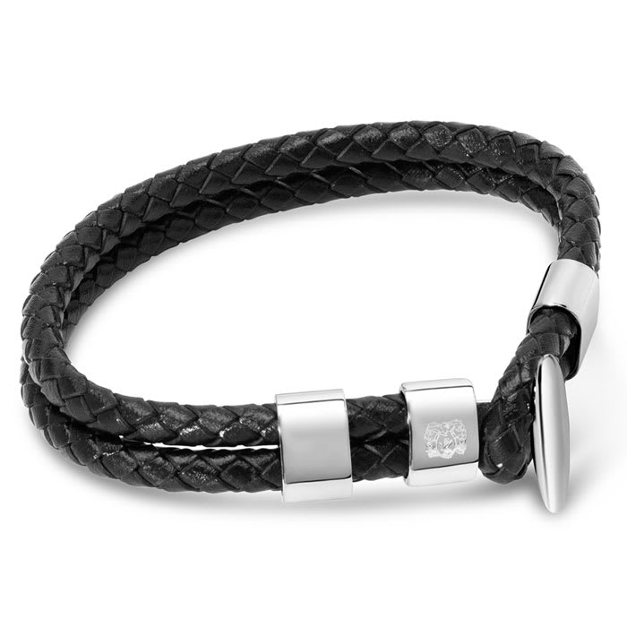 Bruno Magli Mens Black Leather Toggle Leather Bracelet, Silver