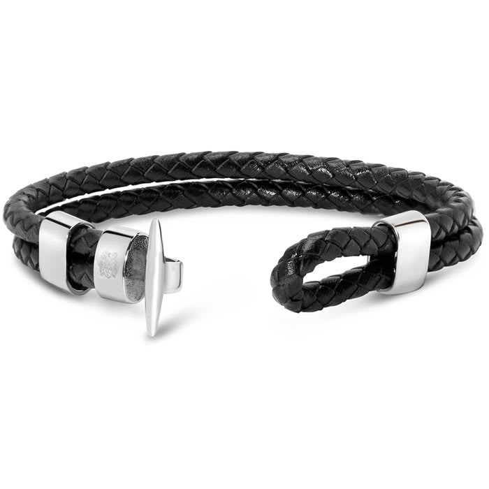 Bruno Magli Mens Black Leather Toggle Leather Bracelet, Silver