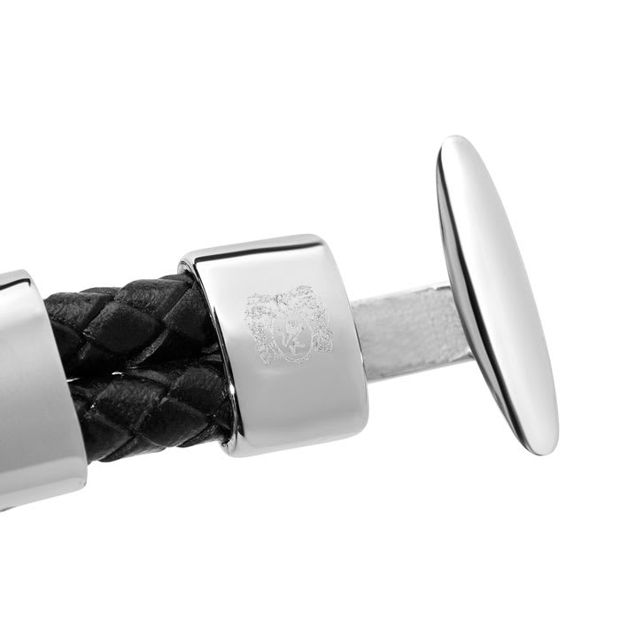 Bruno Magli Mens Black Leather Toggle Leather Bracelet, Silver